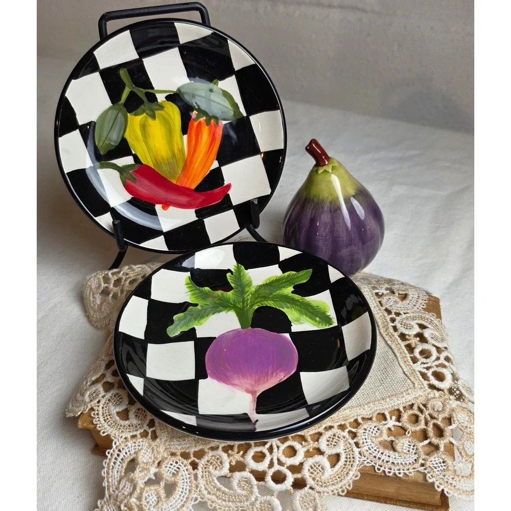 2005 Certified International Stephanie Stouffer Checkered Vegetable Plate Pair